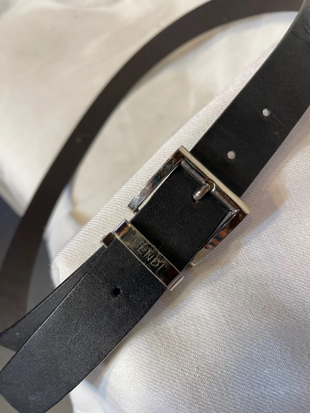 Fendi Black Leather Belt with Silver Hardware and Logo Keeper